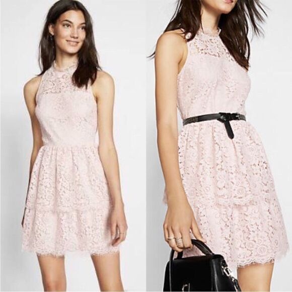 Express Pink Lace Tiered Style Dress Feminine Contemporary Boho Cottage Core - Picture 3 of 16